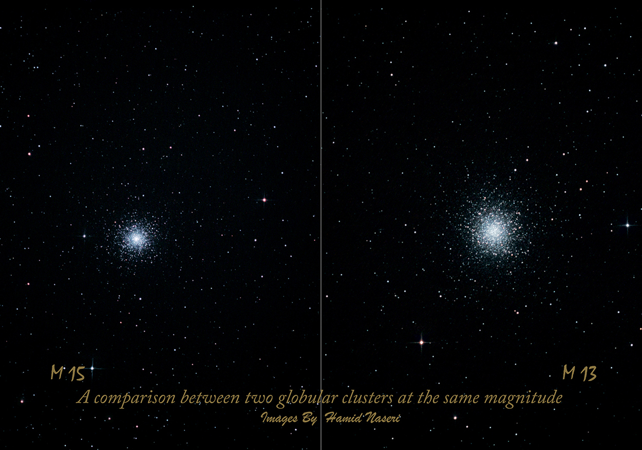 مقایسه ابعاد خوشه های کروی M13 و M15 در بزرگنمایی یکسان